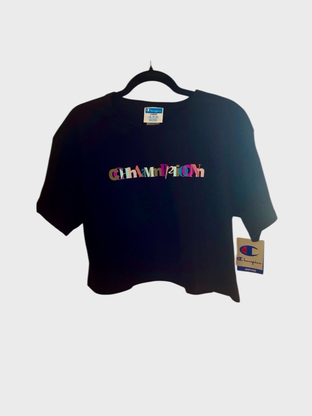 Champion Trendy Black Crop Tee with colorful logo Size L
